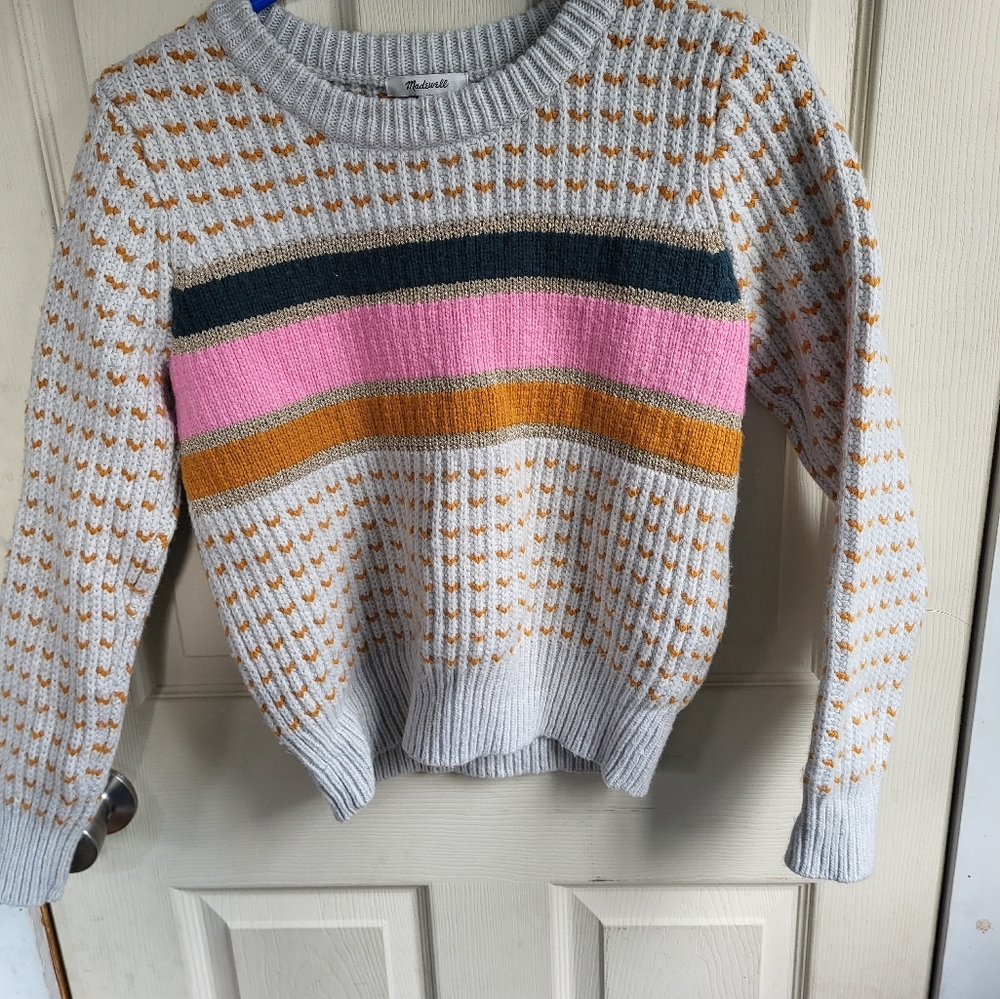 Madewell Cream Knit Crewneck with Pink, Mustard & Dark Green Stripes
